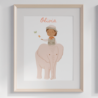 Lámina Infantil Safari Chic Elefante Niña Nombre Personalizado